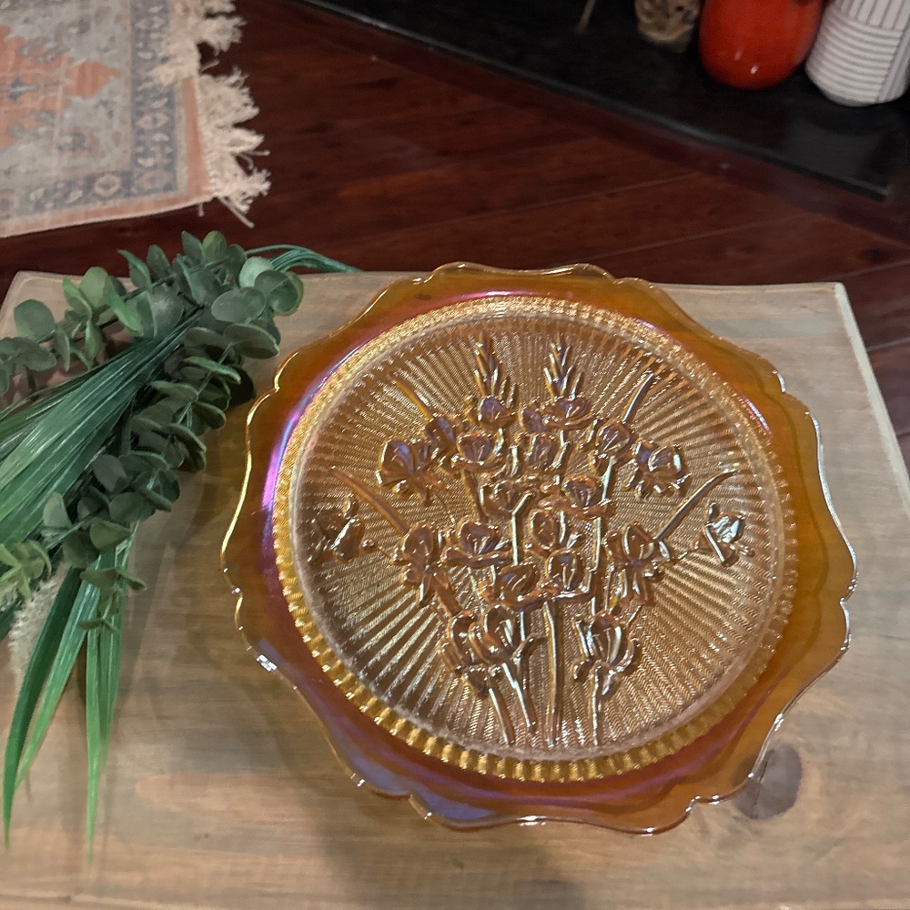 Vintage Jeanette Carnival Glass Marigold Iris & Herringbone Platter 11.5”